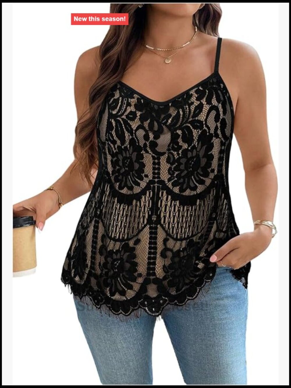 Plus Size Floral Lace Spaghetti Strap Sleeveless Tank Top - Sweetheart Neck,